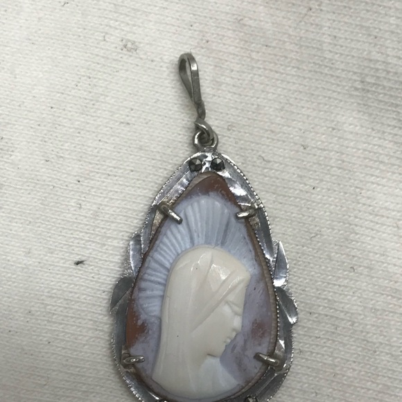Edwardian Madonna Mary Rare 800 European Silver Cameo Pendant with Marcasite - Picture 2 of 8